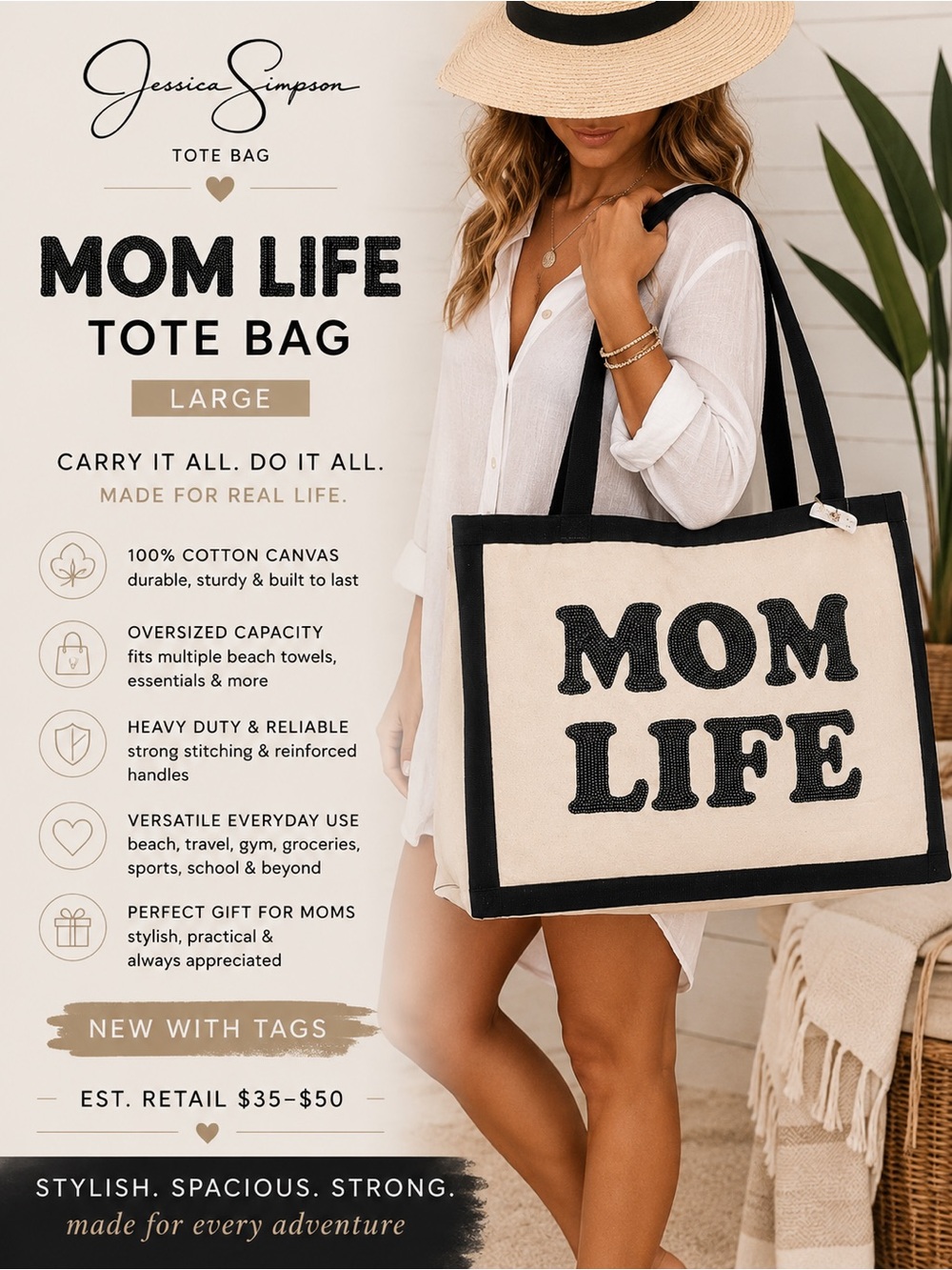 Jessica Simpson MOM LIFE Sequin Canvas Tote Bag Large Beach Travel Shopper